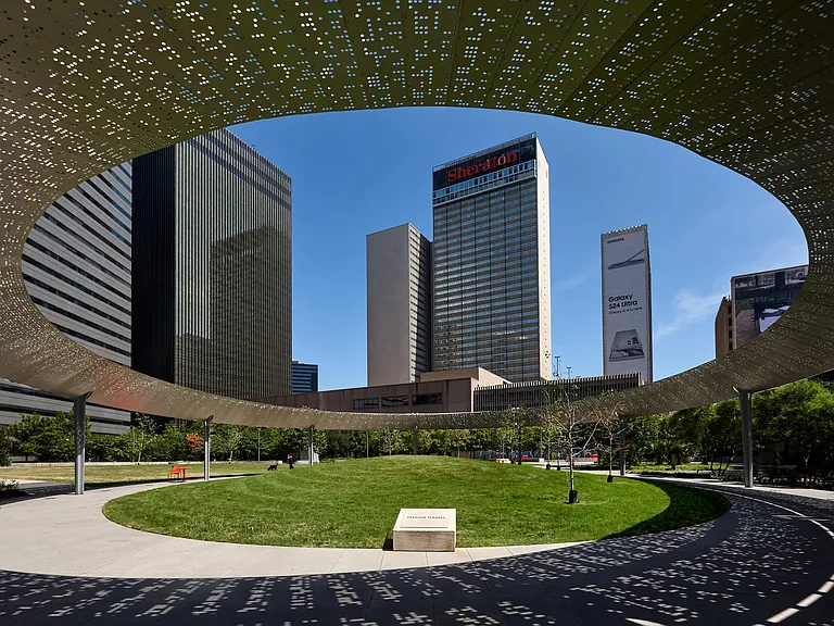 Downtown charm meets open space at Main Street Garden in Dallas, TX.