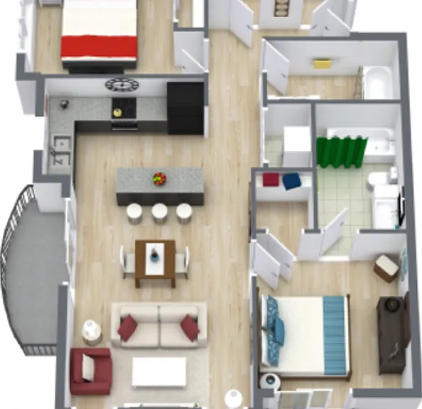 2 Bed 2 Bath Floorplan Diagram