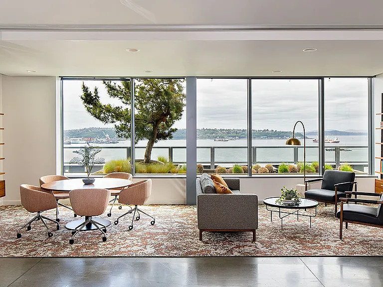 Apartment community Coworking Lounge at Griffis Seattle Waterfront in Seattle, Washington.