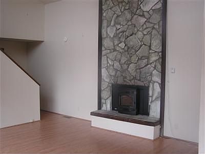 Cathedral ceiling with floor to ceiling stone fireplace. Note the new pellet stove insert.