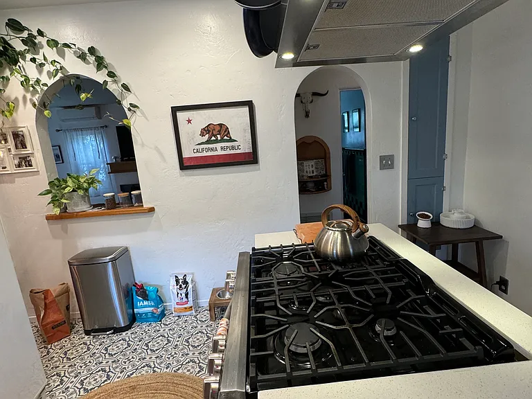 Large gas stove/ oven with stainless steel exhaust hood/ cooking lighting