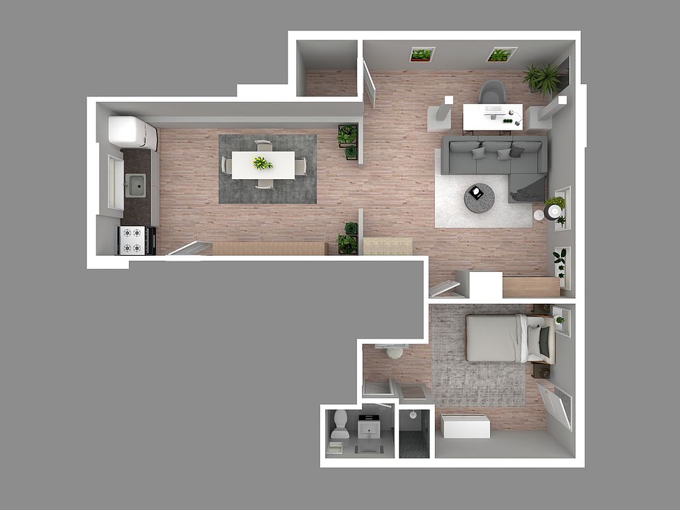 3D Floor Plan _ 850+ sq ft modern 1BR with open layout