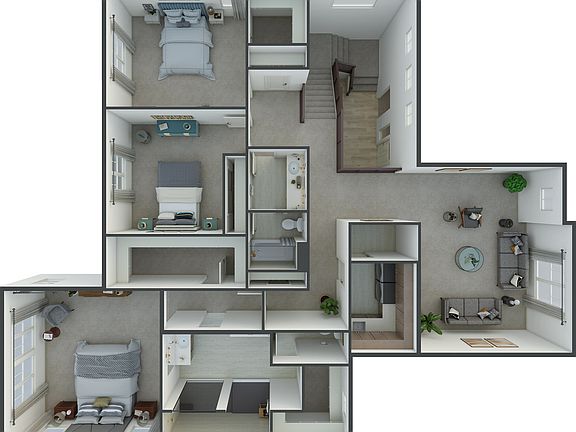 A detailed 3D floor plan of a multi-room apartment, showcasing various living spaces, including a be