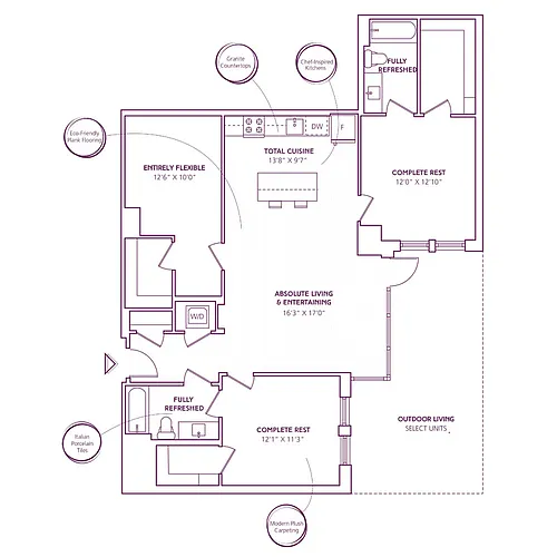 Floor plan 2 Bed - 2 Bath + Den| BD01