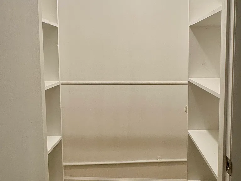 Basement walk-in closet with built-in shelving