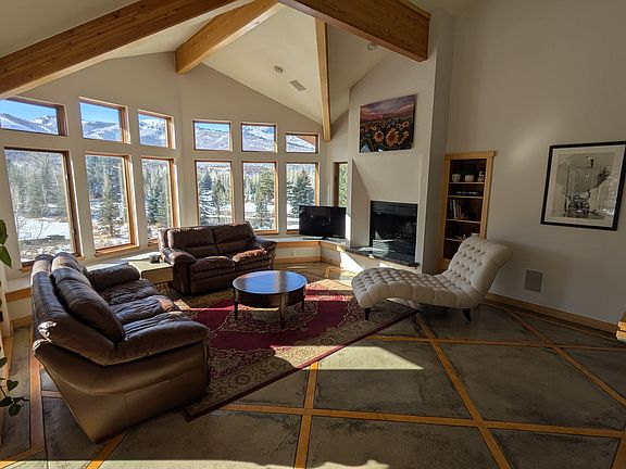 Living room w/ wood-burning fireplace