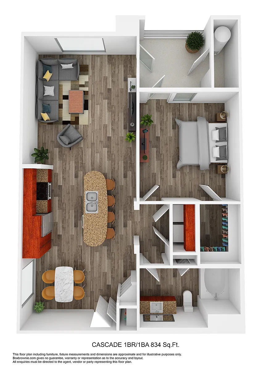 Floor plan Cascade - One Bedroom/One Bath 834 Sq Ft