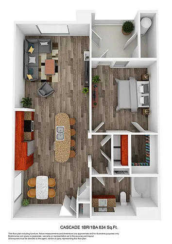 Floor plan Cascade - One Bedroom/One Bath 834 Sq Ft
