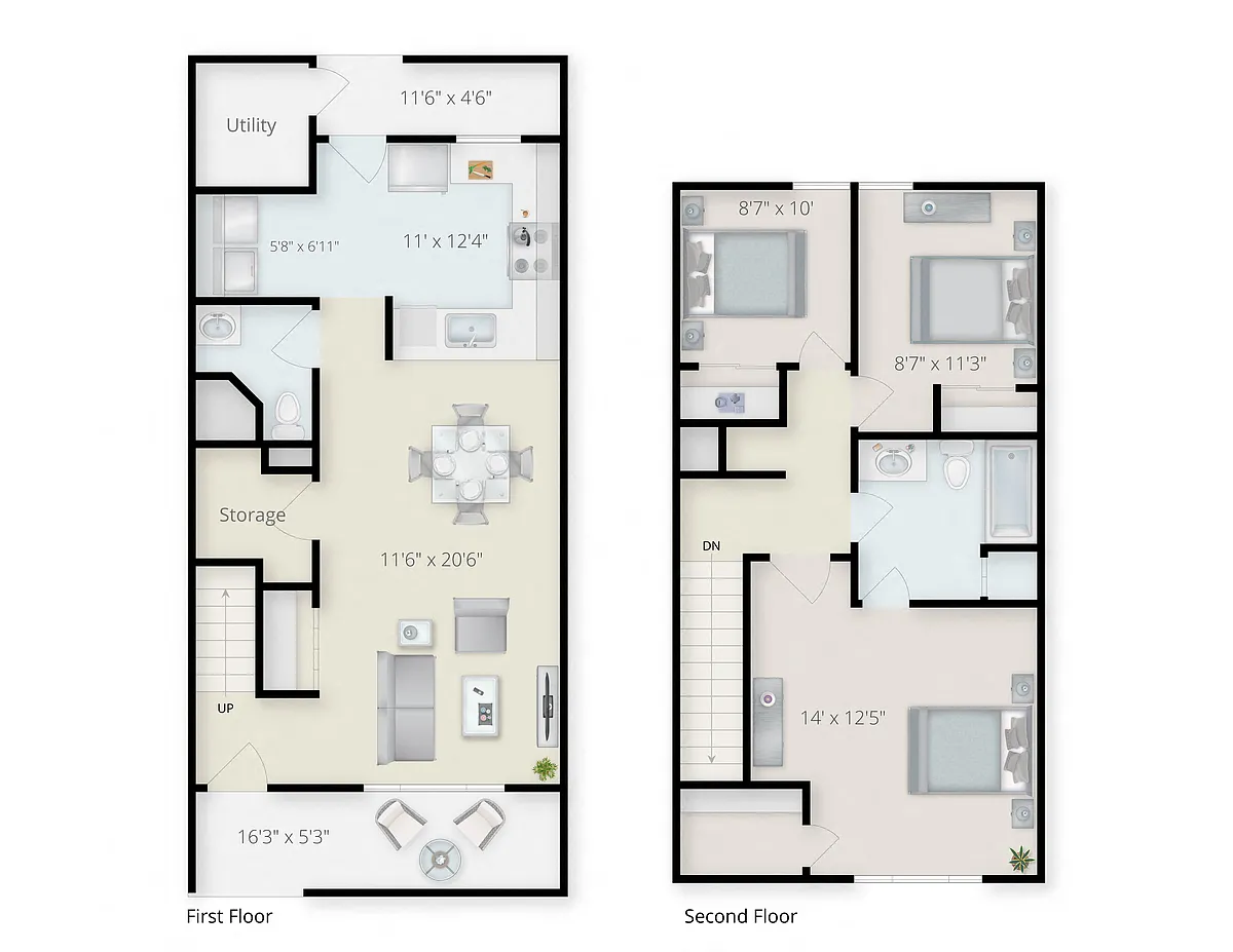 Floor plan Three Bedroom Two Bath Townhome