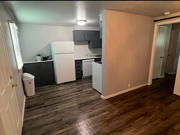 View from living room looking into kitchen.