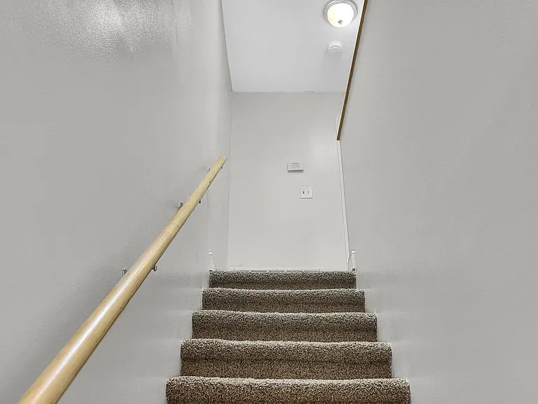 Carpeted stairway leads to the second floor beneath a large skylight that fills the space with natural light.