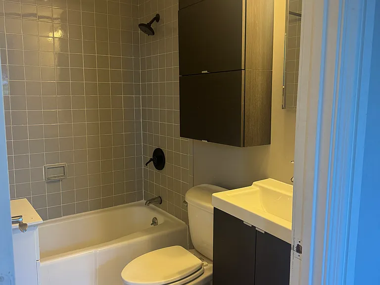 Modern bathroom with a full-size tub/shower, sleek vanity, ample storage, and a brand-new toilet seat.