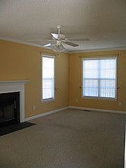 Living rm with ceiling fan and wood-burning fireplace