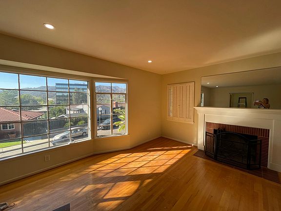 Living room view out the bay window