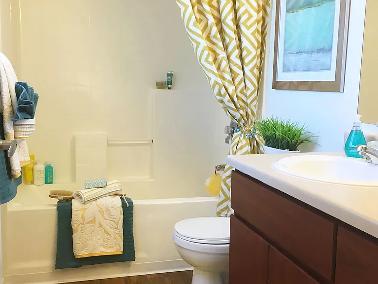 Our bathrooms boast bathing perfection complete with all the essentials for maximum comfort, including a shower/tub combo, a large mirror, and stylish wood-style flooring.