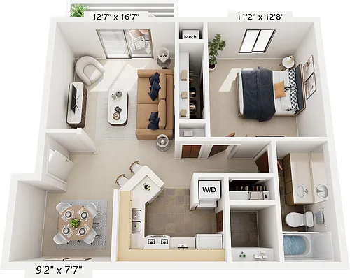 Floor plan One Bedroom Seville Stackable Washer/Dryer