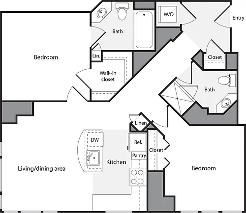 Floor plan 2 Bedrooms B No Balcony (14D)