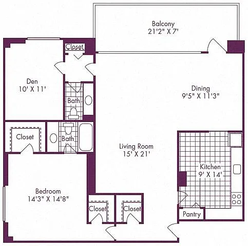 Floor plan 1 Bedroom + Den, 1.5 Bath 1100 SF A15