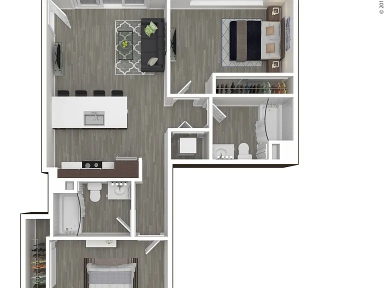 This top-level two-bedroom home features cathedral ceilings and a slider leading out to your balcony to offer additional light. It's an entertainers delight featuring our largest center island with a double sink and open living area. The bedrooms are loca