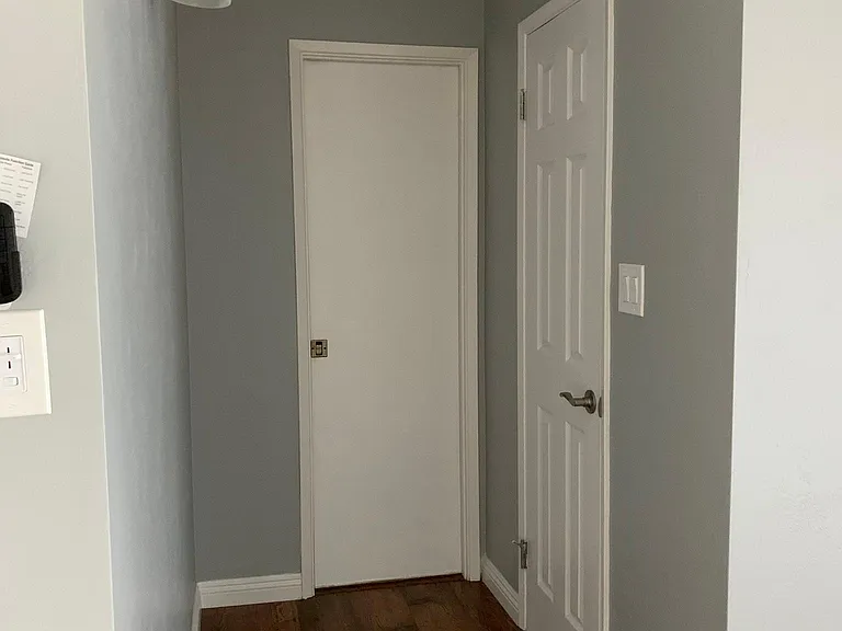 Master bedroom walk-in closet on the right; sliding door to shared bath straight ahead