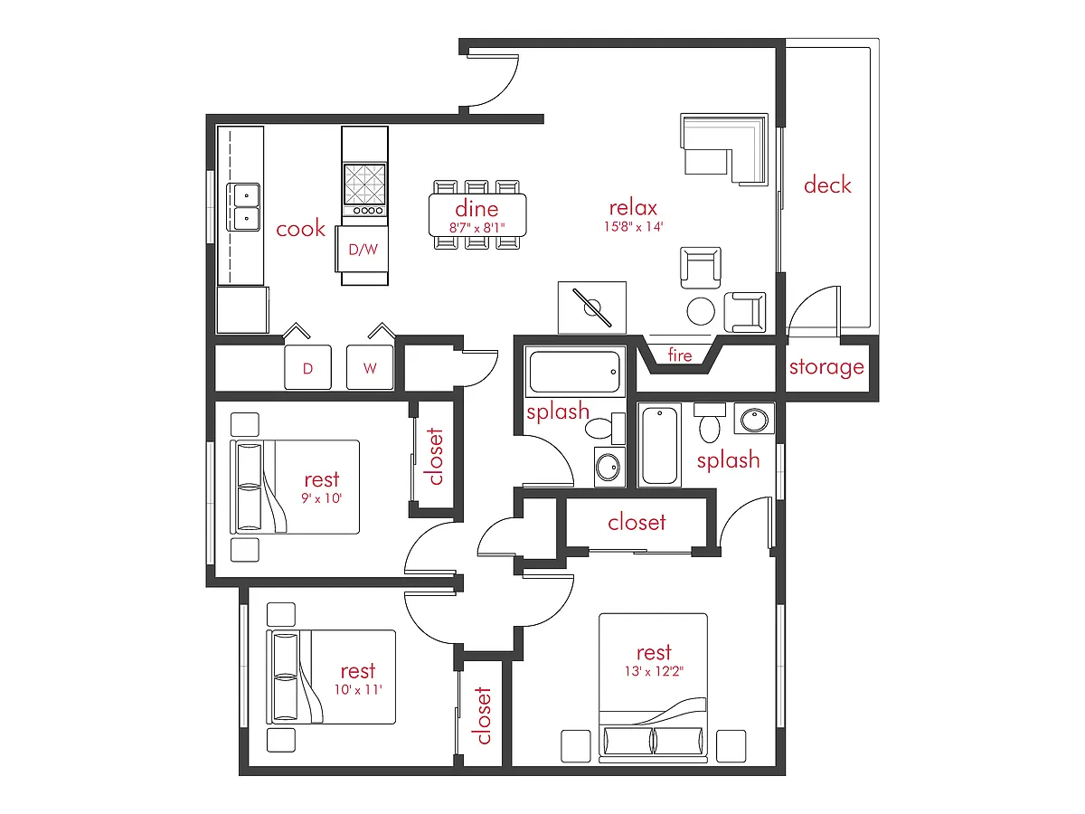 Floor plan 3 Bed, 2 Bath A