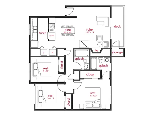 Floor plan 3 Bed, 2 Bath A
