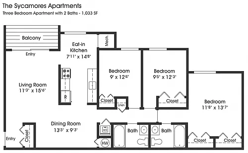 Floor plan 3BR 2BA (1033sf)