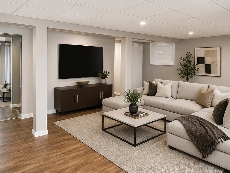 Walkout basement with wooden flooring