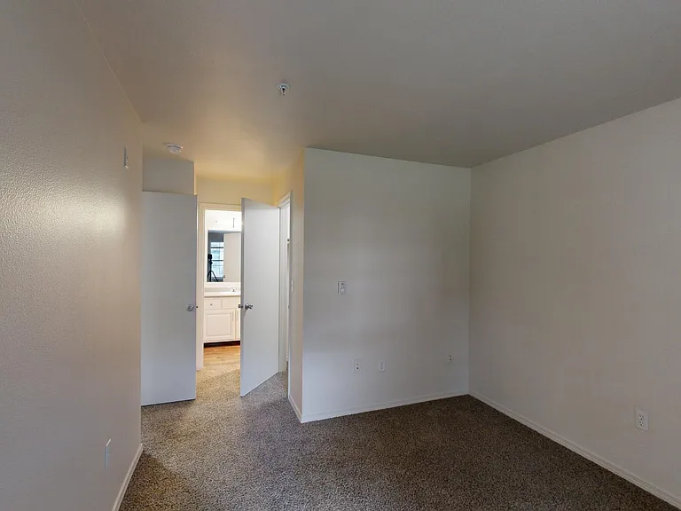 Spacious apartment bedroom with large closet, attached bathroom, and plush carpet flooring.