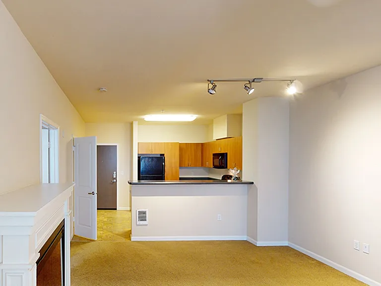 Apartment kitchen, dining and living room with plush carpet flooring.