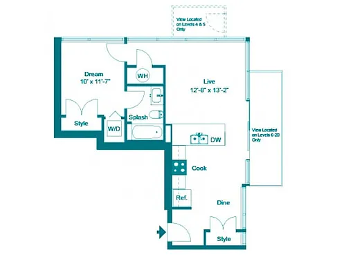 Floor plan One Bedroom One Bath (688 SF)