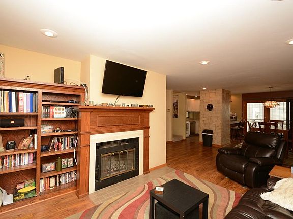 Open floor plan with wood fireplace