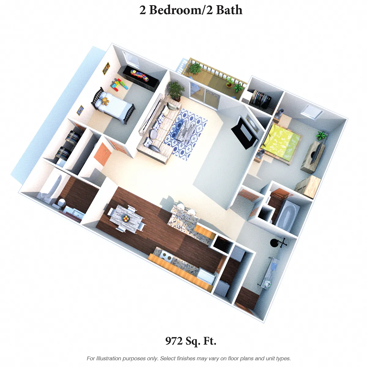 Floor plan The Meadowlark: Two Bedroom Two Bath - 972SqFt