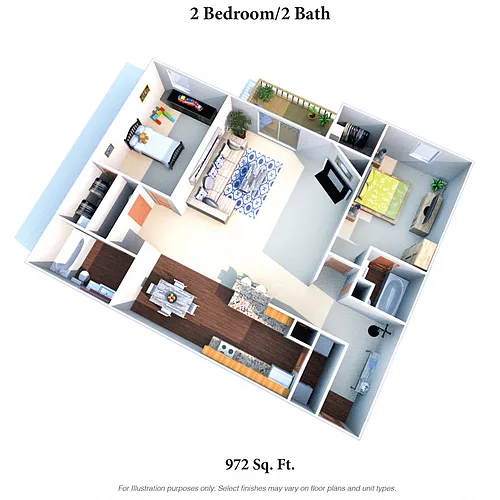 Floor plan The Meadowlark: Two Bedroom Two Bath - 972SqFt