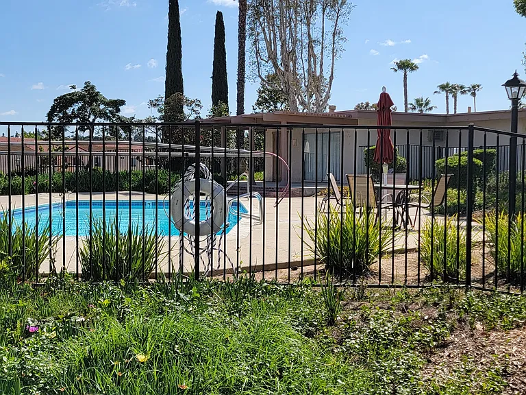 View of swimming pool and sun deck with surrounding lush landscaping at Plaza Verde Apartments in Escondido, California.