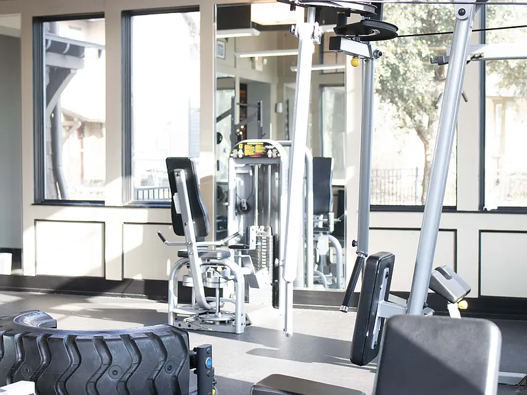 Achieve your fitness goals in this expansive and sunlit gym, featuring top-of-the-line exercise equipment.