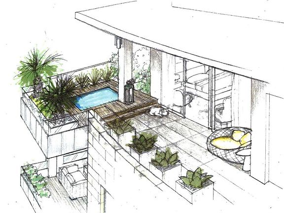 8th Floor PH Terrace optional Pool/Spa upgrade concept; achievable only with 8th Floor pre-construction contracts in order to properly structurally engineer. Image shown is conceptual; actual design customized with Buyer, if pool/spa desired.