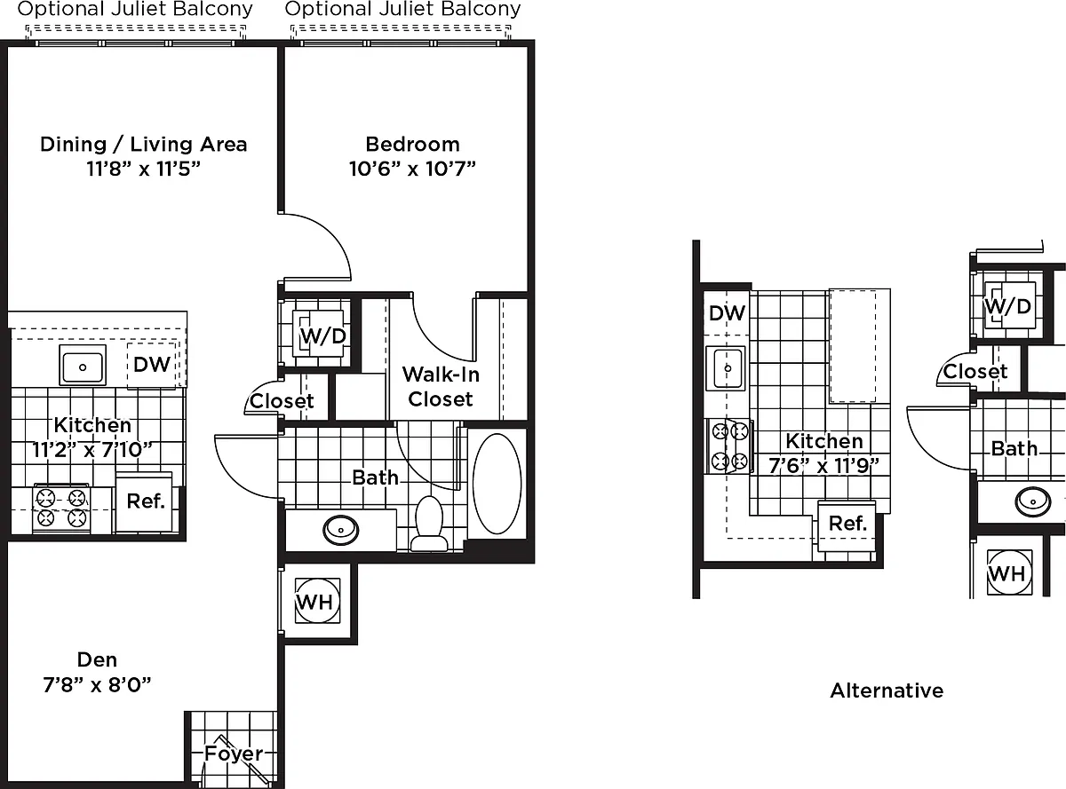 Floor plan 1 Bedroom 1 Bath + Den - AD2