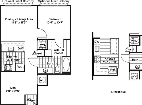 Floor plan 1 Bedroom 1 Bath + Den - AD2 Affordable 80%