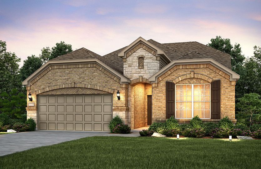 Exterior C with stone accents, black shutters, and 2-car garage with storage space