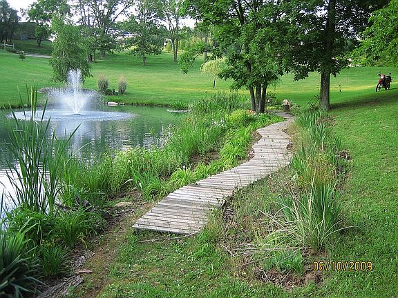 Pond walkway and fountain