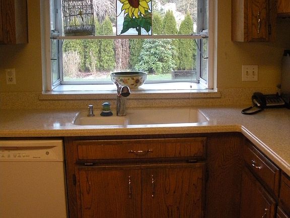 kitchen window looks into the backyard