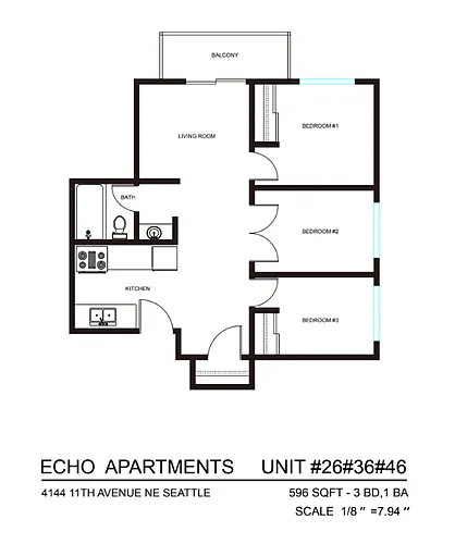 Floor plan 3 Bedroom 1 Bath