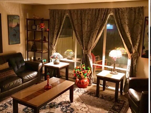 This photo shows the covered patio as seen through the living room's large three-panel fixed glass window (non-openable).