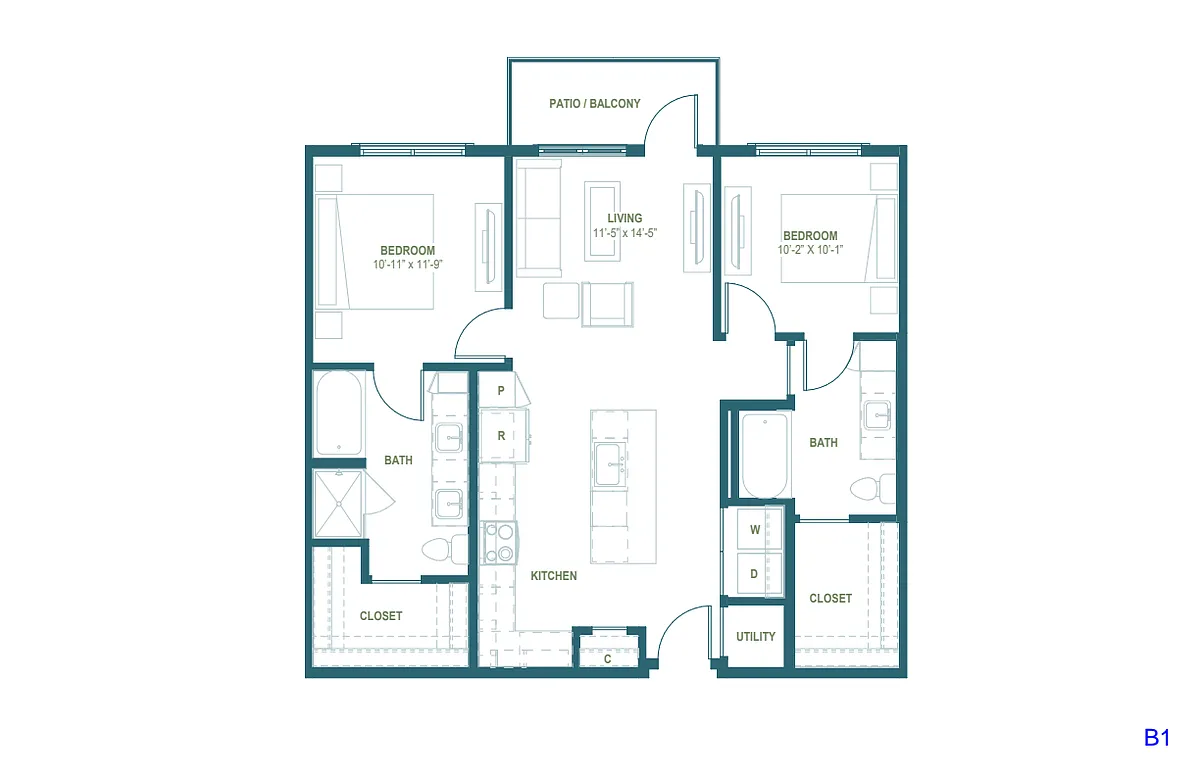 Floor plan B1 | 2 Bed | 2 Bath