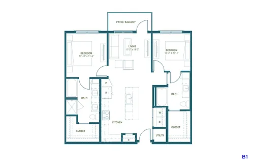 Floor plan B1 | 2 Bed | 2 Bath