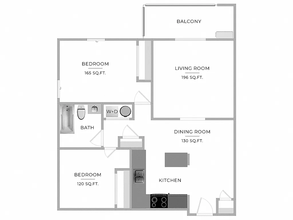 Floor plan 2 Bed/1 Bath-B3r