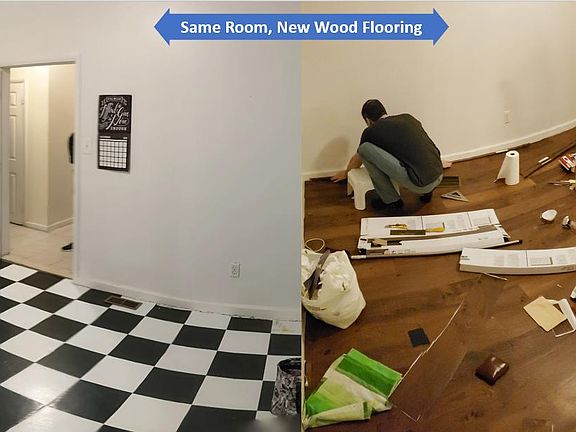 Updated modern wood flooring in main bedroom! Note: This is the same room, panoramic makes it look distorted, but the floor is perfectly flat.