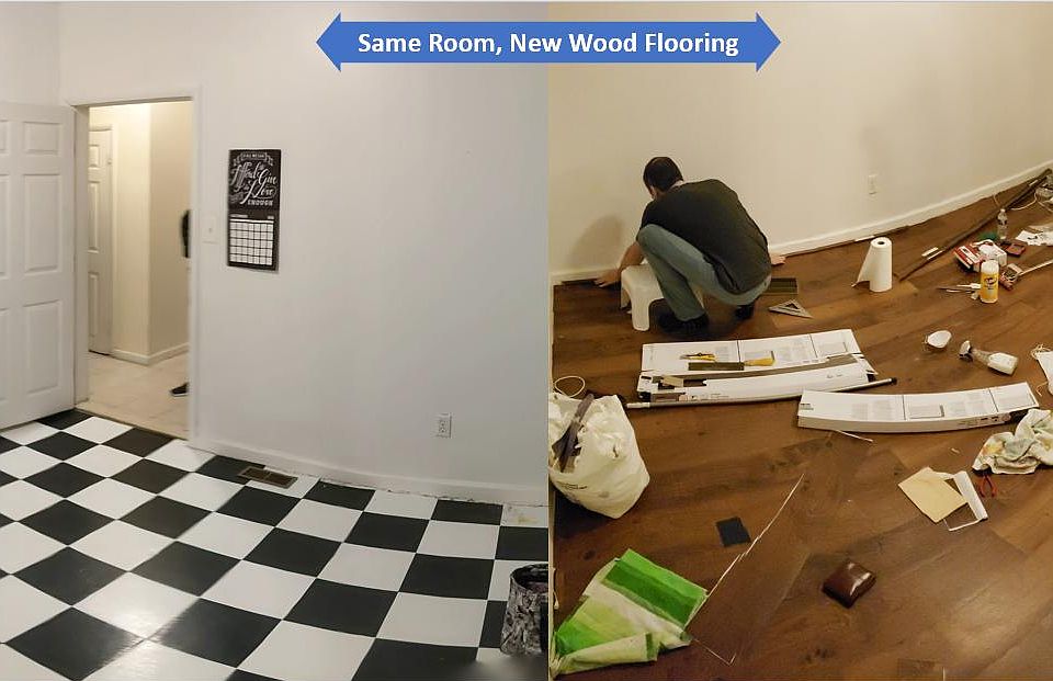 Updated modern wood flooring in main bedroom! Note: This is the same room, panoramic makes it look distorted, but the floor is perfectly flat.
