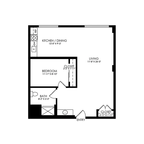 Floor plan One Bed One Bath 750 sqft